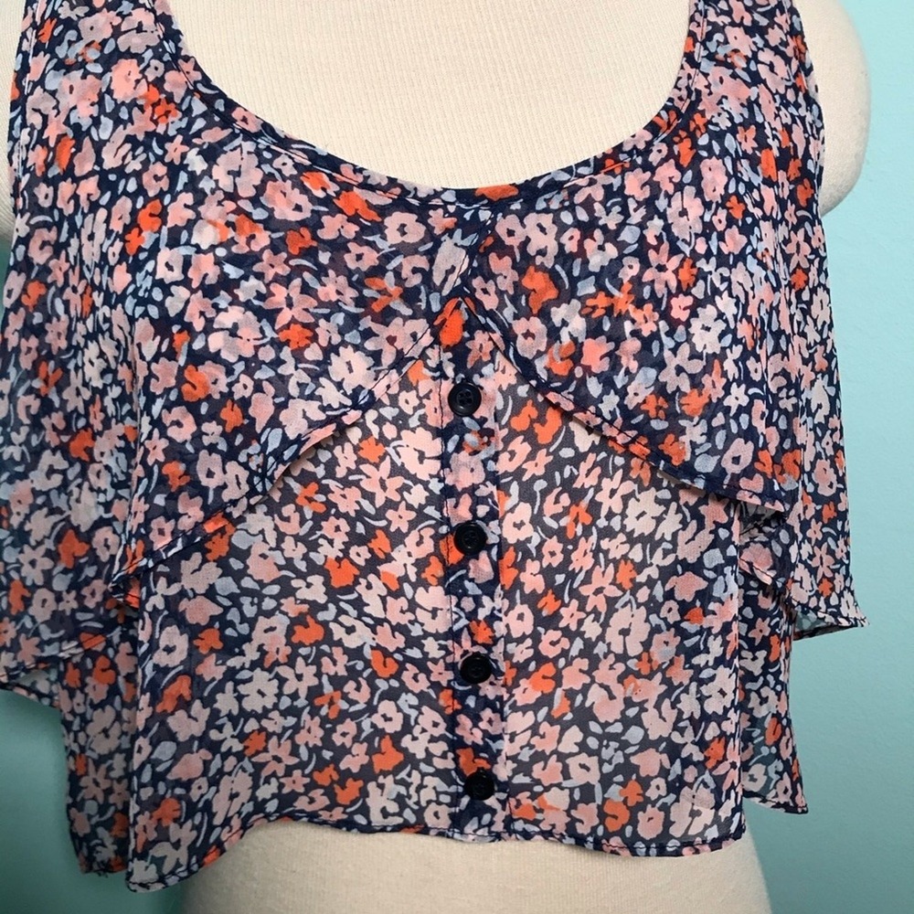 BCBGeneration Floral Chiffon Layered Crop Top Womens Size L Hot Coral Boho New